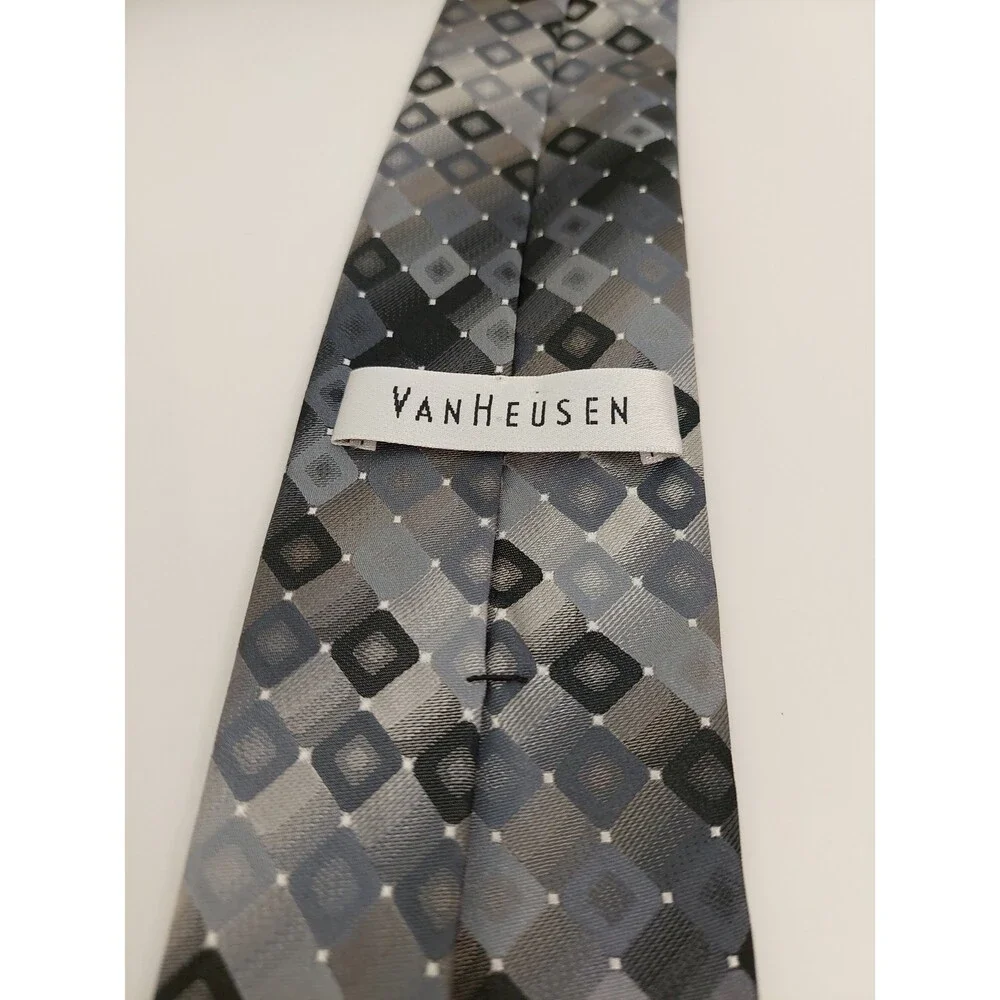 VanHeusen Men's Tie Gray Diamond Square Pattern White Dots Elegant